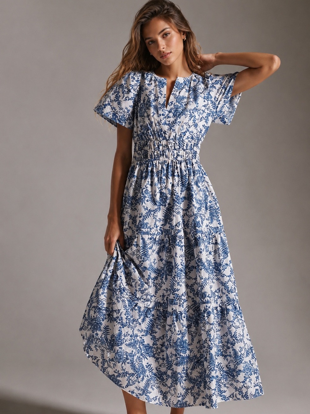 Anthropologie Maeve Somerset Maxi Dress Blue White Floral Smocked Cotton M
